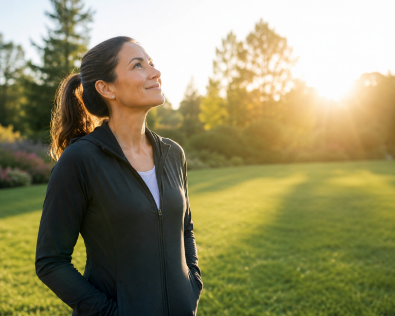 A healthy, smiling midlife woman standing outside in nature and looking up at the morning sunshine.
