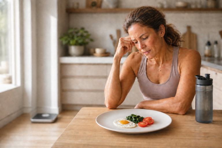 Active midlife woman frustrated by an overly restrictive meal and stalled weight loss.